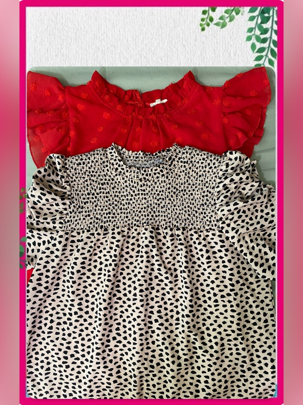 Jodifl and SHEIN Red Ruffle Blouse and Cream & Black Dot Smocked Blouse